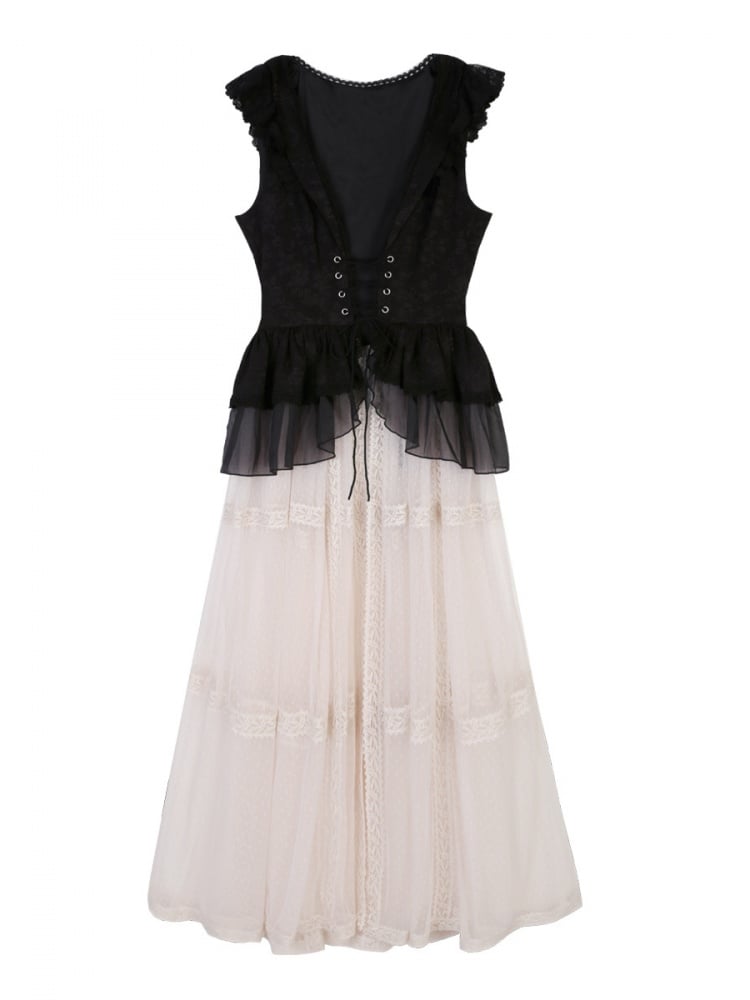 Black and Beige Lace-up Closure Overdress