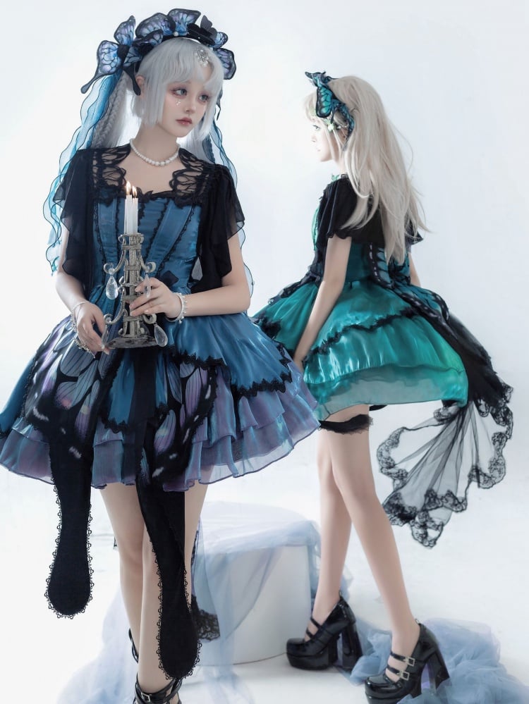 Blue-Purple Butterfly Jumper Skirt Full Set Gothic Princess Dress with Butterfly Train