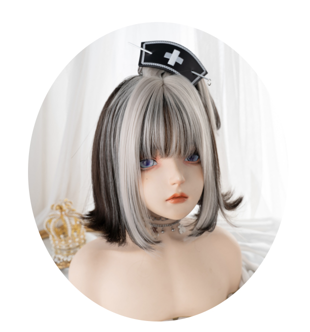 Clearance-Shoulder Length Straight Silver Black Highlight Hair Color Synthetic Wig