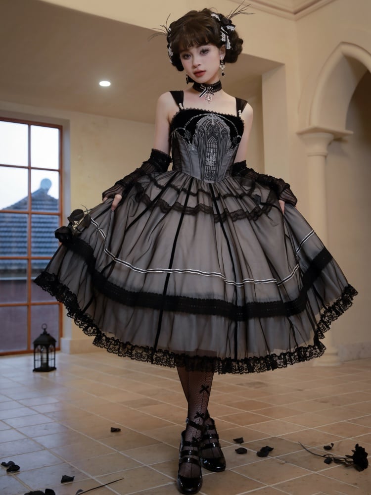 Black and Gray Church Window Embroidery Bodice Jumper Skirt - Sukuroi