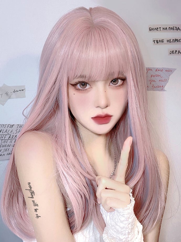 Sakura Pink Highlight Light Blue Straight Synthetic Wig