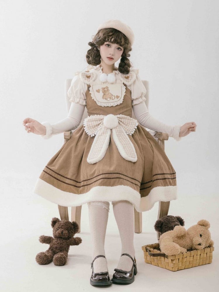 Brown Teddy Embroidery Corduroy Jumper Skirt with Big Plaid Bowknot - Sukuroi