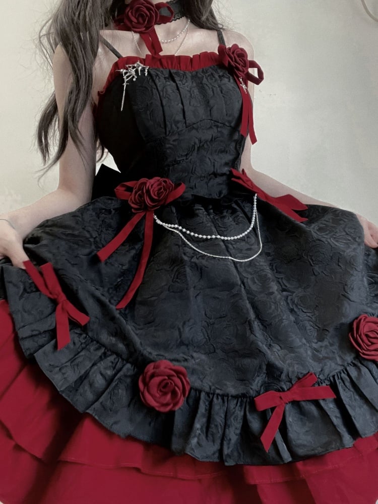 Black and Dark Red Gothic Rosette Dress Basque Waist Jumper Skirt