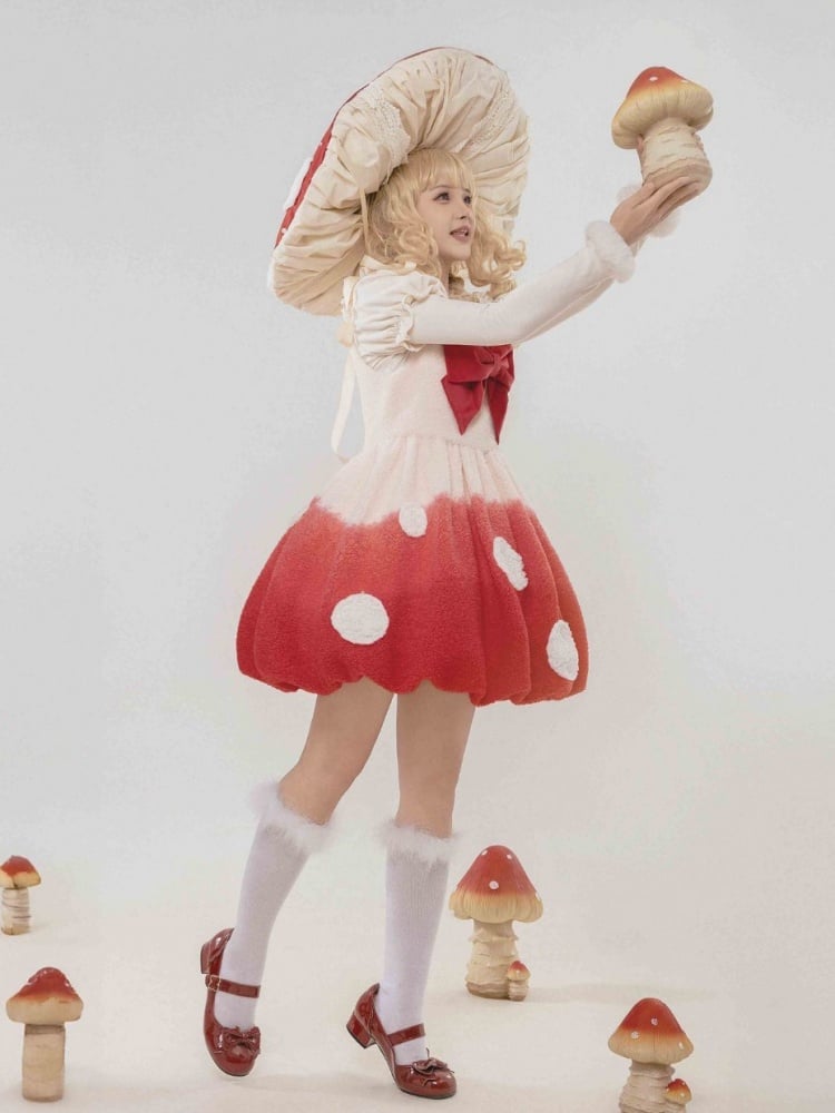 Red Mushroom Bubble Jumper Skirt White Spot Applique