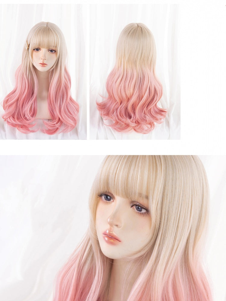 Gold to Orange Pink Ombre Wavy Long Synthetic Wig