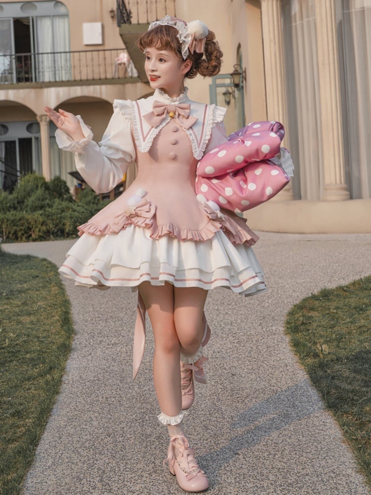 Cardcaptor Sakura Vibes Pink Pointed Collar Pompoms Bowknot Long Sleeves One Piece