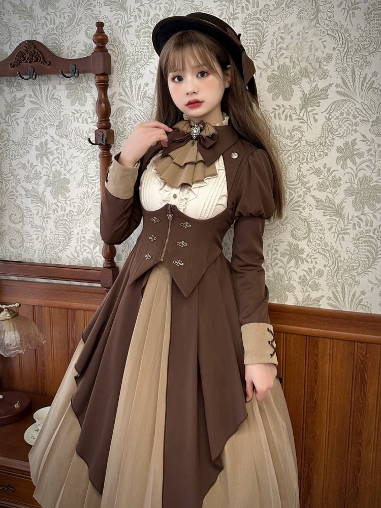 Dark Academia Fashion Brown Dress Two Pieces Set