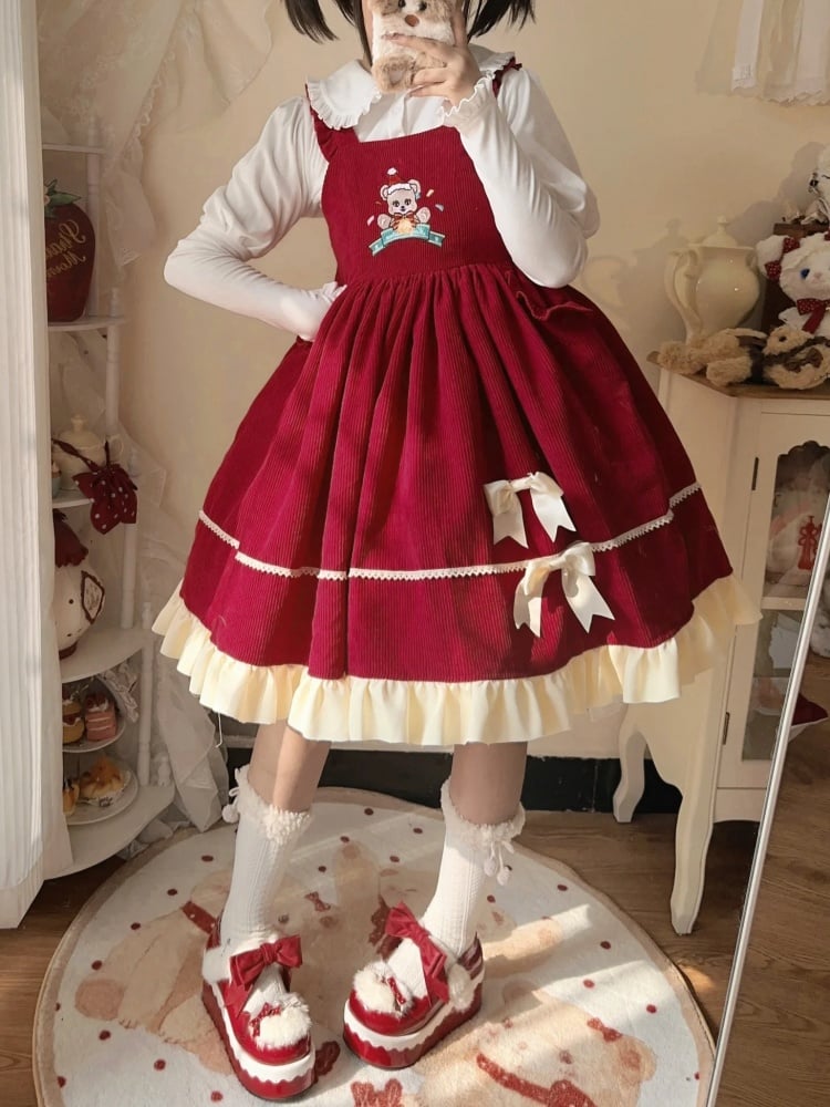 Red Christmas Bear Embroidery Bodice High Waist Jumper Skirt