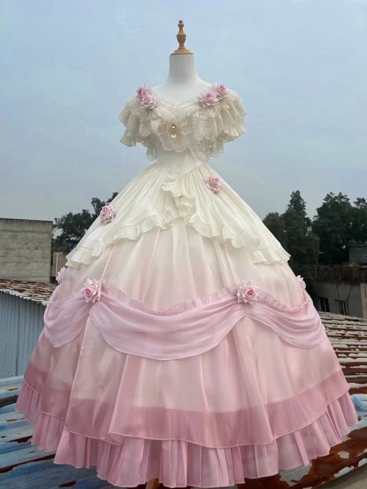 Fairy Pink Ombre Quinceanera Princess Dress Roses Decorated One Piece - Sukuroi