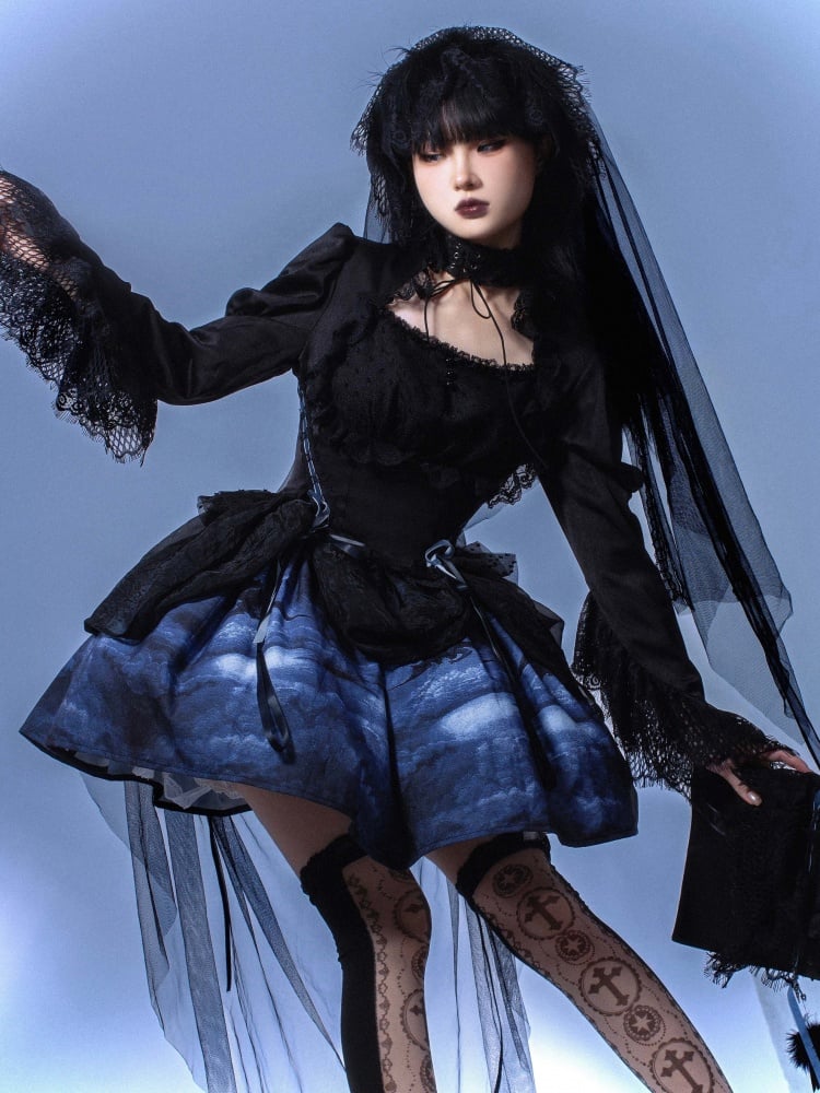 Gothic Bolero Design Bodice Bell Cuffs One Piece Black and Blue