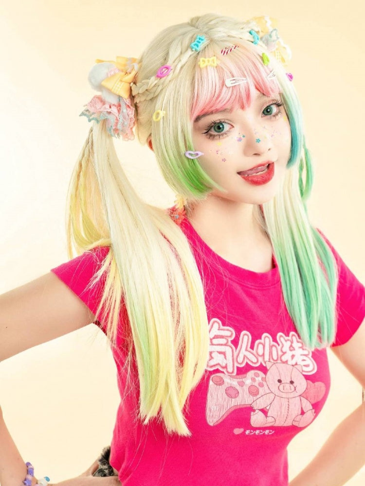 Candy Color Long Straight Rainbow Dip Dye Wig