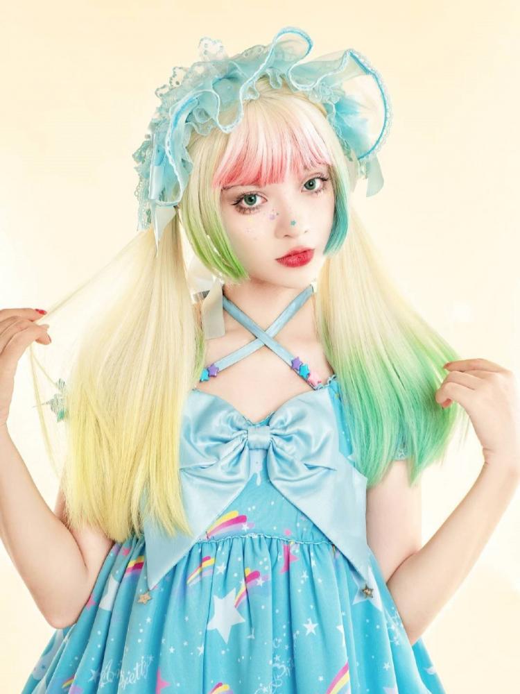 Candy Color Long Straight Rainbow Dip Dye Wig