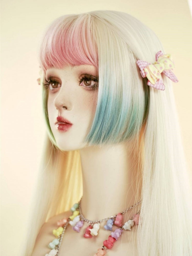 Candy Color Long Straight Rainbow Dip Dye Wig