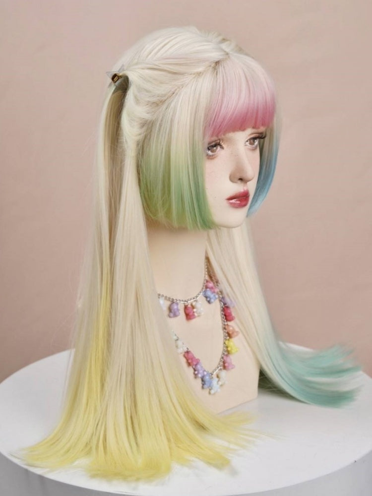 Candy Color Long Straight Rainbow Dip Dye Wig