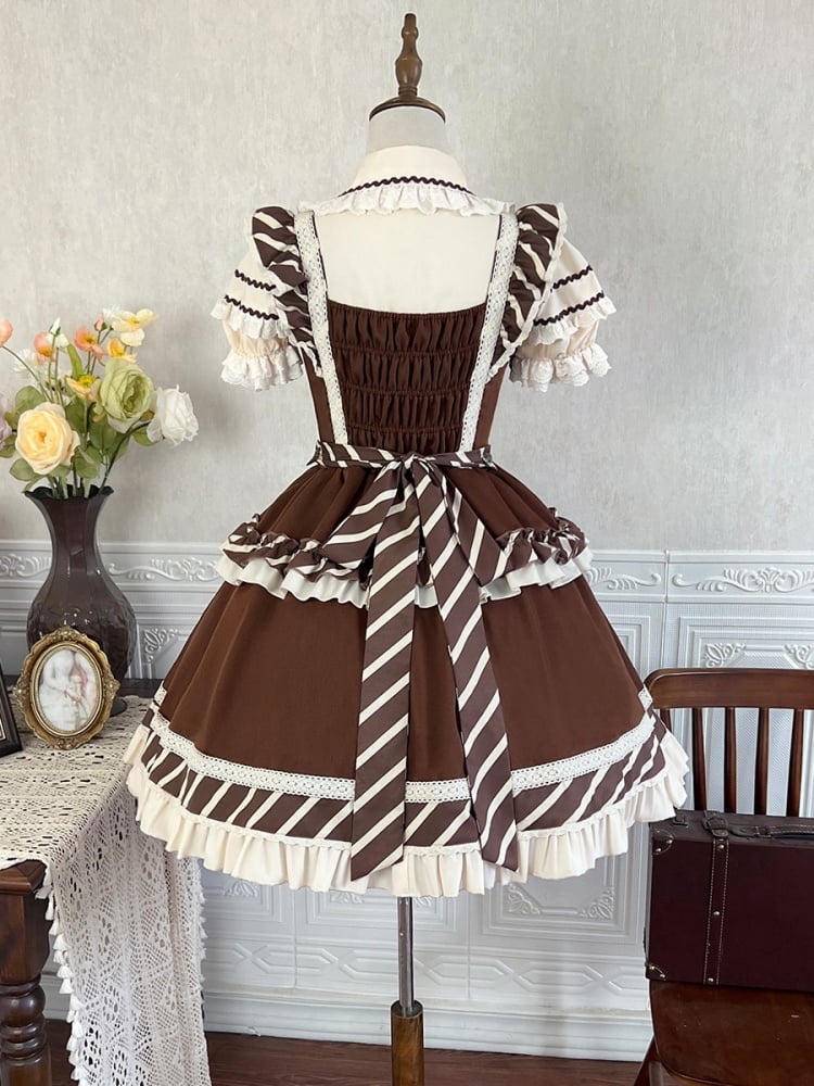 Brown Square Neckline Chocolate Stripes Jumper Skirt