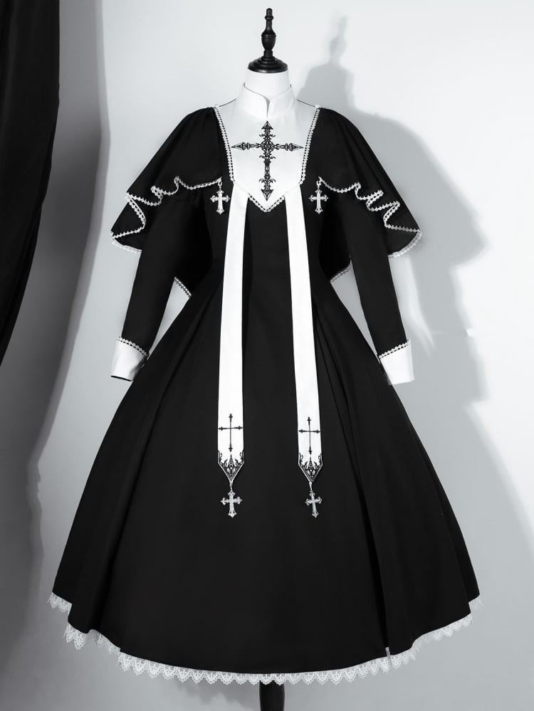 Black and White Cross Embroidery Gothic Nun Lolita Dress + Cape