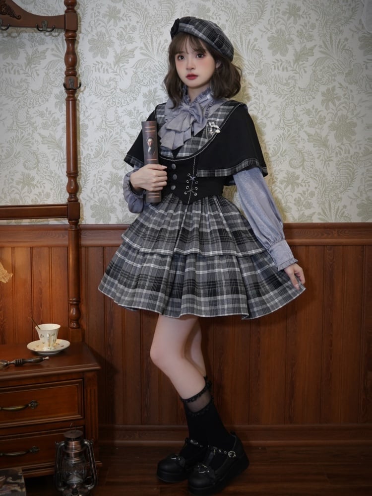 Dark Academia Fashion Little Detective Plaid Dress Black and Gray Jumper Skirt + Cape Set