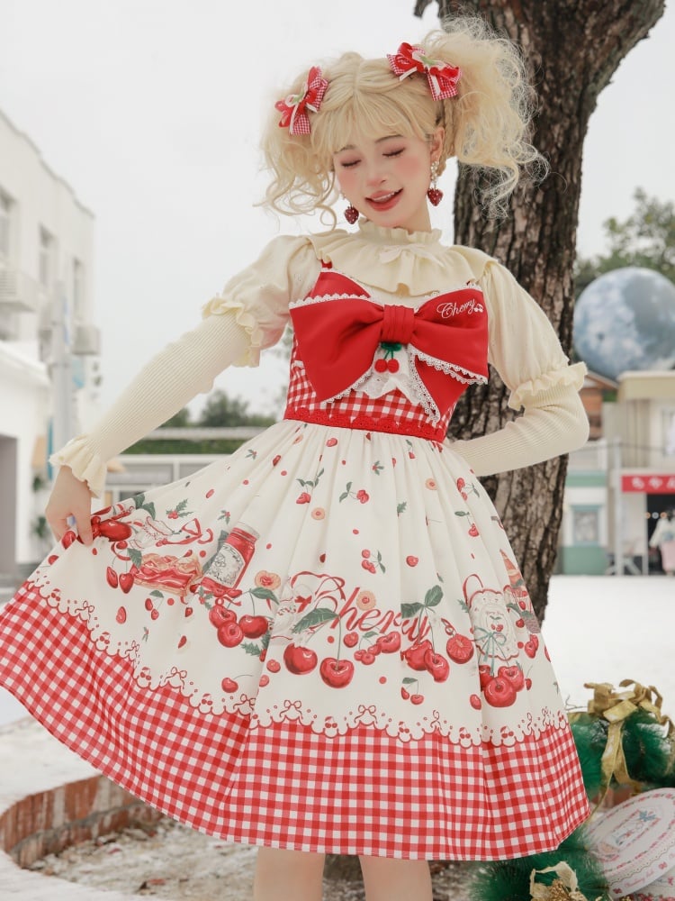 Cherry Print High Waist Red Gingham Pattern Jumper Skirt