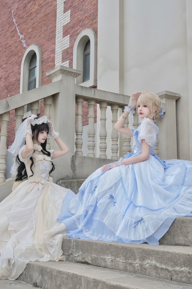 White and Blue Princess Dress Puff Sleeves Gorgeous One Piece