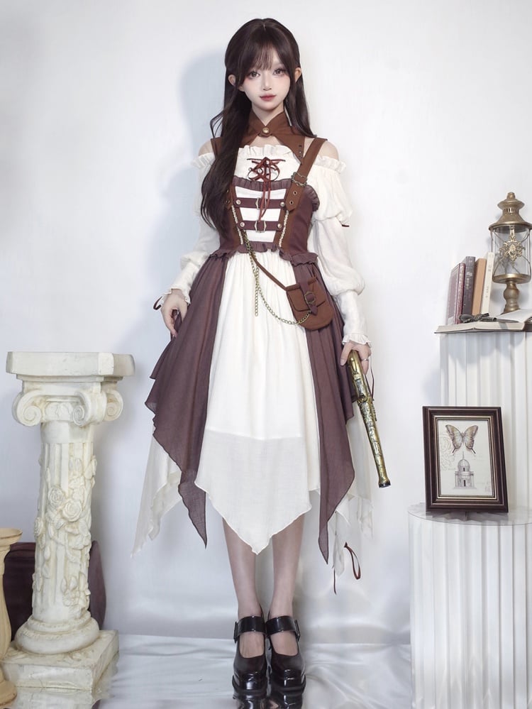 Brown Pirate Vibes Jumper Skirt Full Set Dress + Shirt + Collar