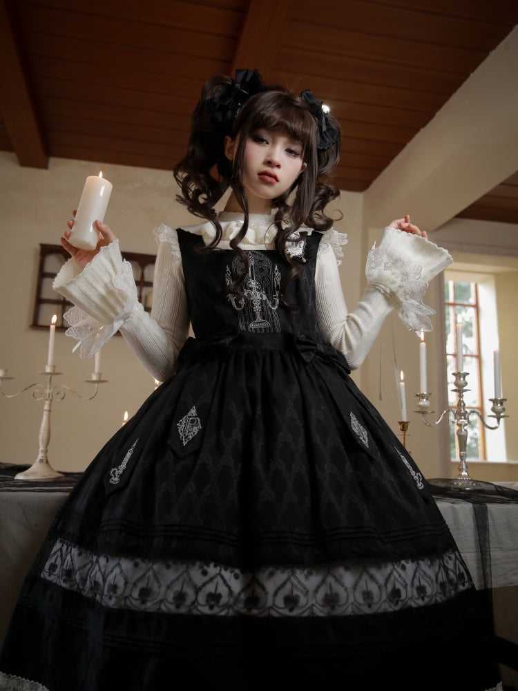 Candlestick and Church Window Embroidery Black Square Neckline Jumper Skirt