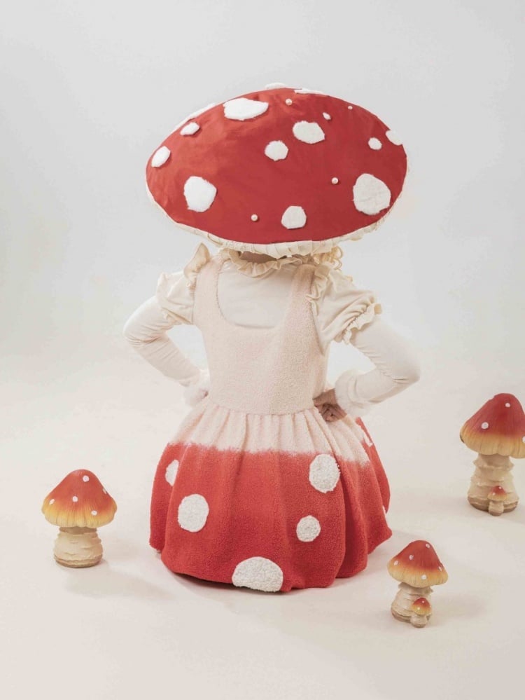 Red Mushroom Bubble Jumper Skirt White Spot Applique