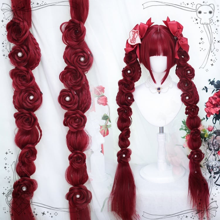 Carmine Red Short Wig + Hand Braided Roses Double Ponytails