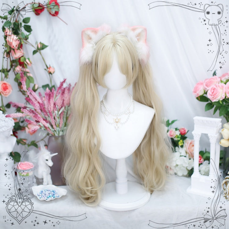 Pastel Color Chin Length Synthetic Wig + Long Wavy Double Ponytails