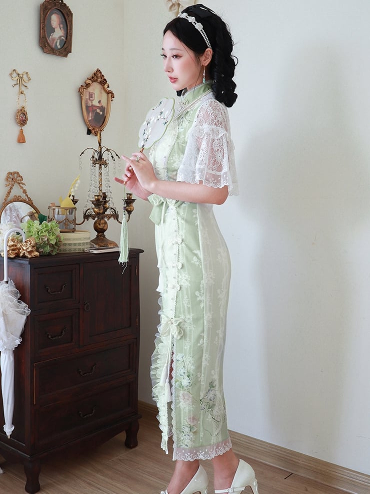 Light Green Figs and Floral Print Elegant Qipao Dress