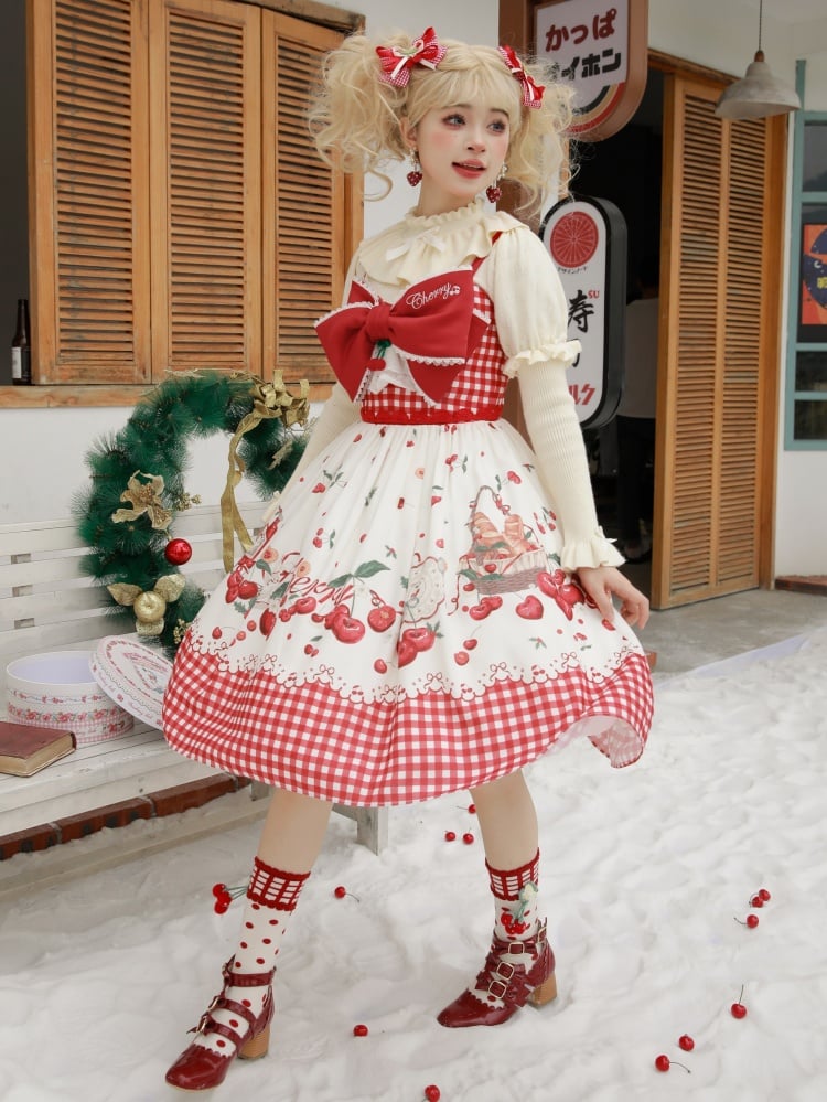 Cherry Print High Waist Red Gingham Pattern Jumper Skirt