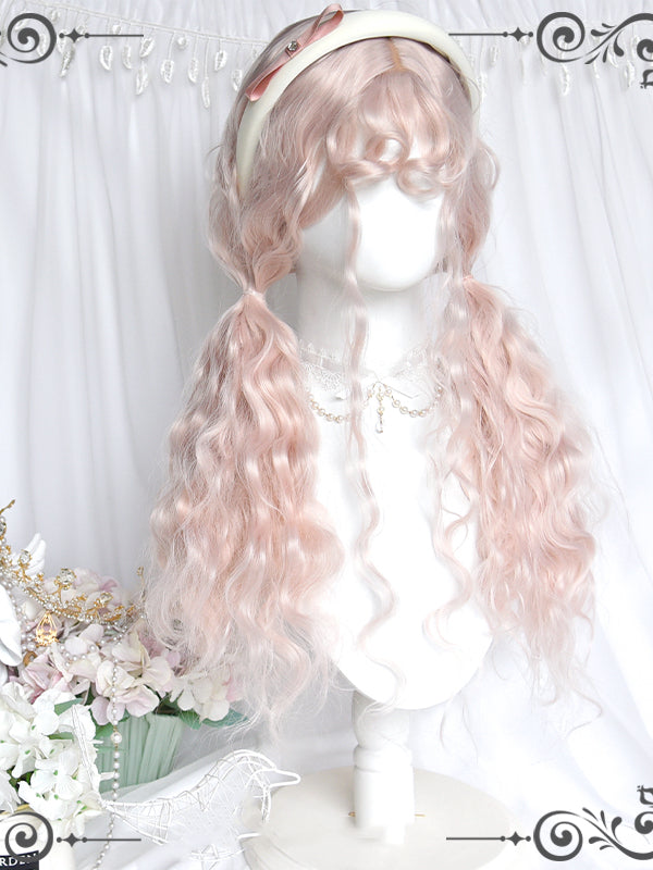 Light Pink Curly Long Synthetic Wig with Curly Bangs