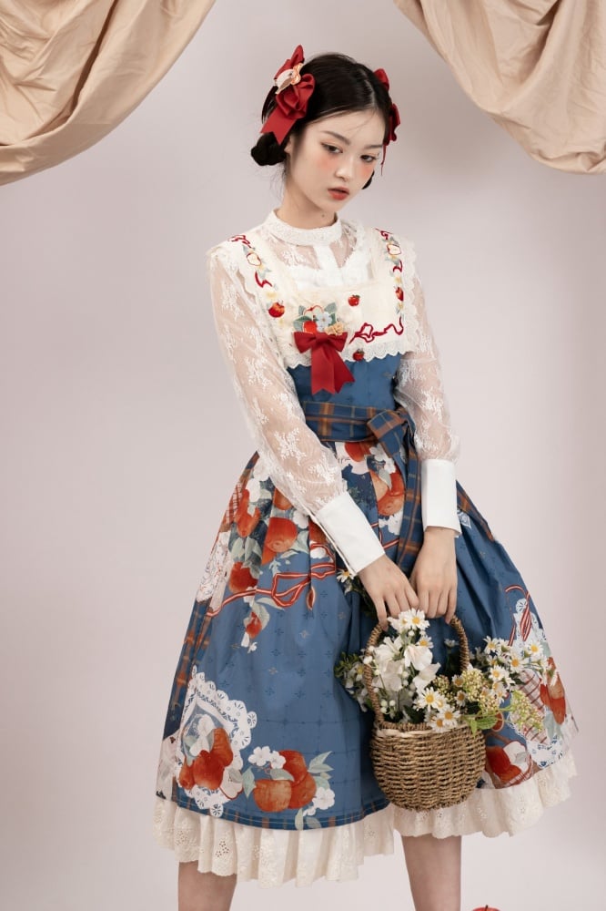 Apple and Floral Embroidery Square Neckline Blue Jumper Skirt