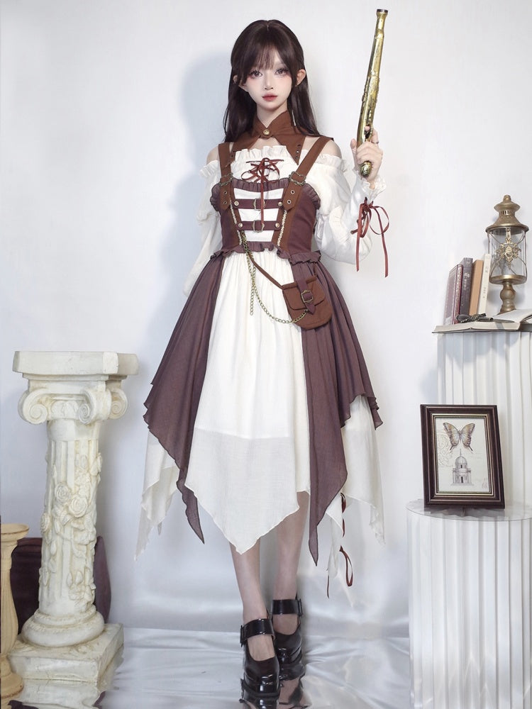 Brown Pirate Vibes Jumper Skirt Full Set Dress + Shirt + Collar