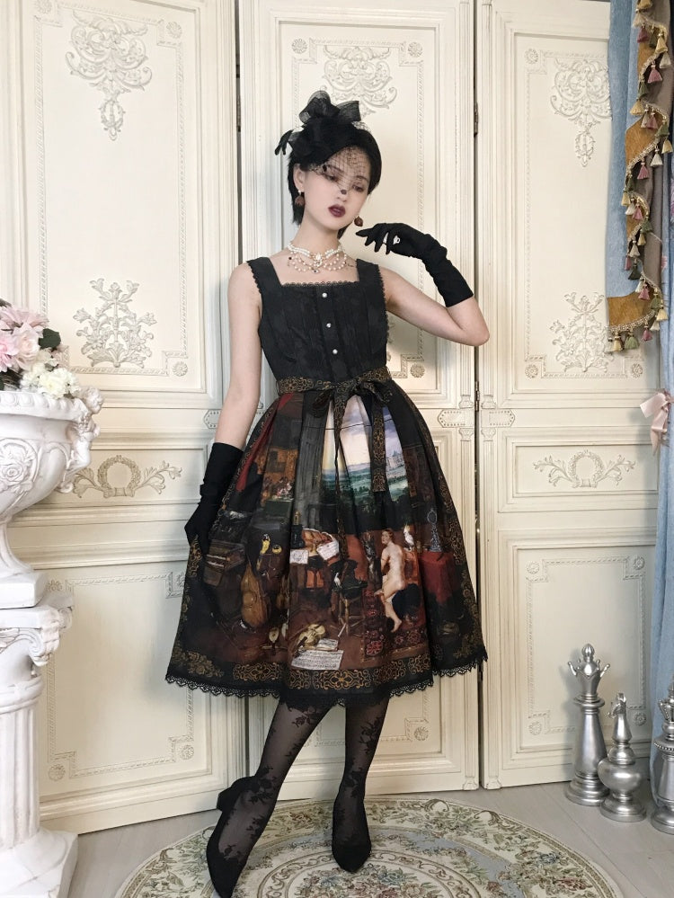 Fable Romance Ode Black Oil Painting Print Ruffle Hem Jumper Skirt