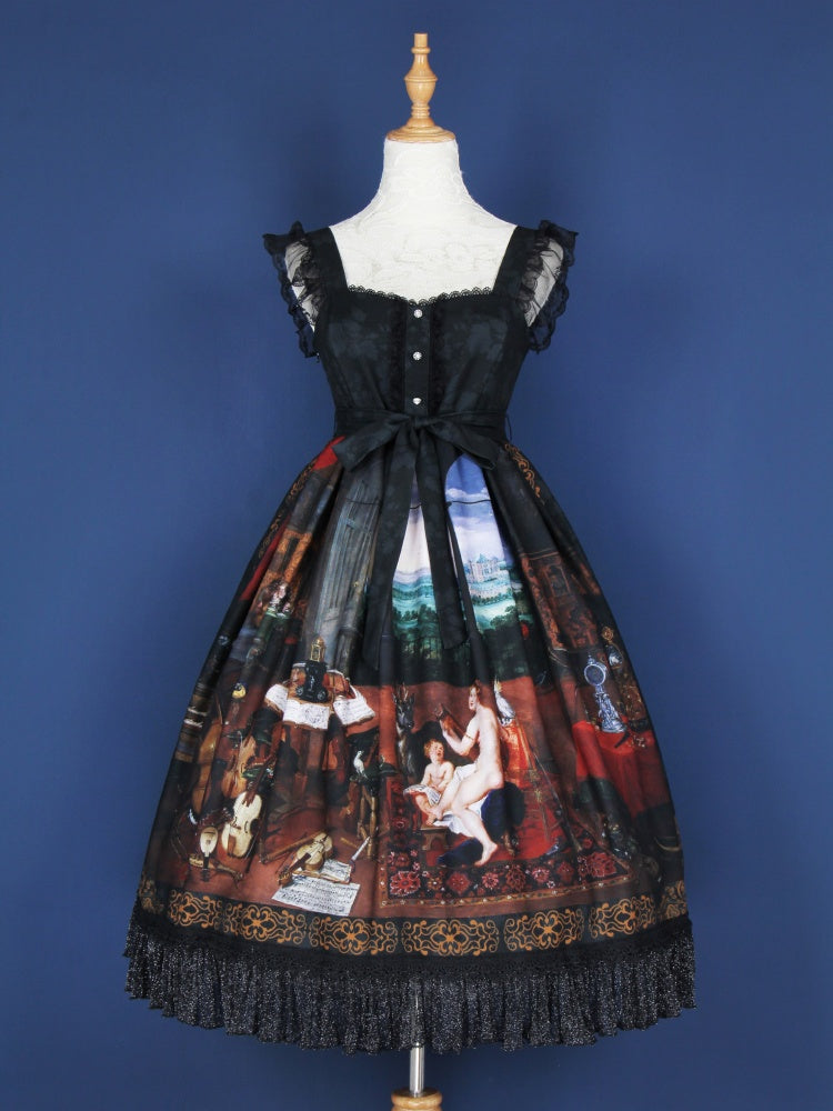 Fable Romance Ode Black Sweetheart Neckline Oil Painting Print Lolita JSK