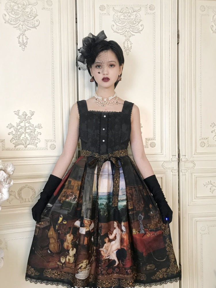 Fable Romance Ode Black Oil Painting Print Ruffle Hem Jumper Skirt