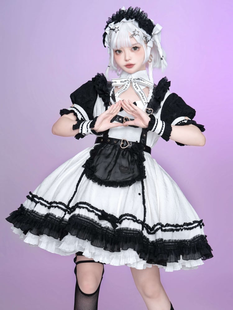 Black and White Punk Maid Dress Short One Piece + Black Apron - Sukuroi