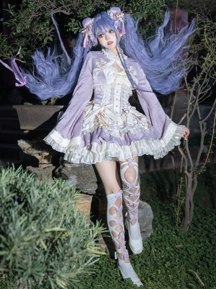 Purple and White Detachable Collar Qi Tiered Ruffles Jumper Skirt - Sukuroi