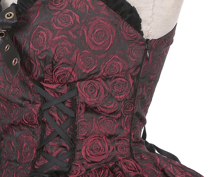 Rose Pattern Wine Red Sweetheart Neckline Gothic Jumper Skirt Lace-up Detail