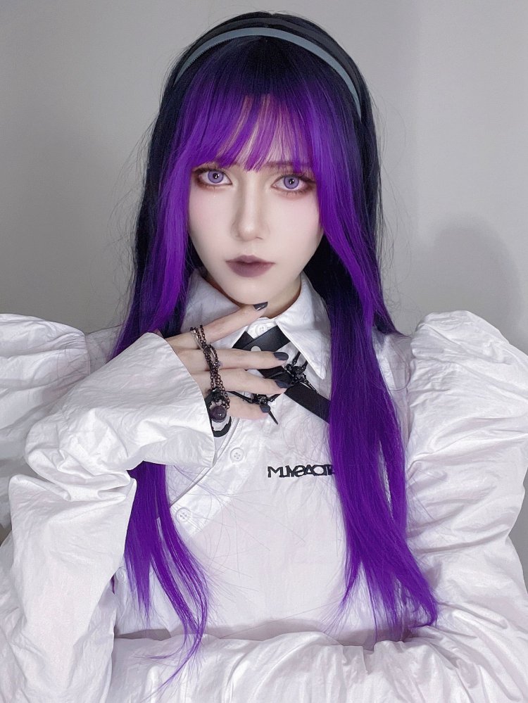 Black and Purple Ombre Hair Color Long Straight Synthetic Wig Halloween Witch Wig