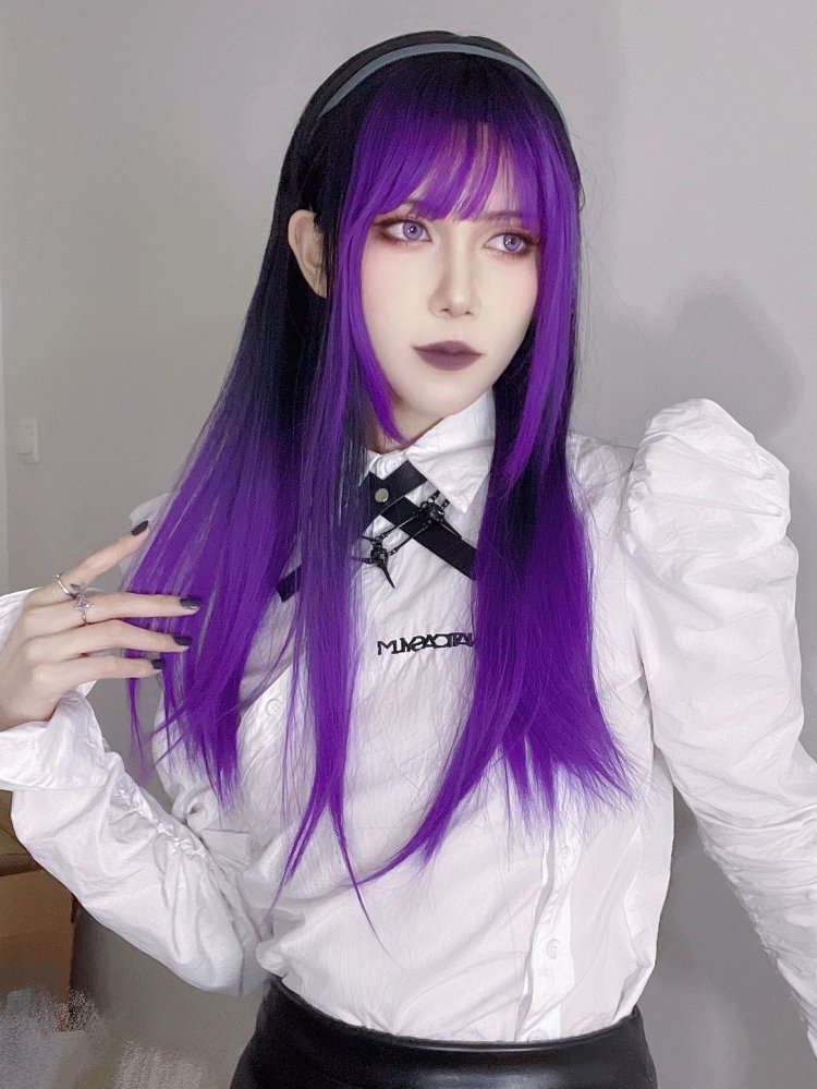 Black and Purple Ombre Hair Color Long Straight Synthetic Wig Halloween Witch Wig