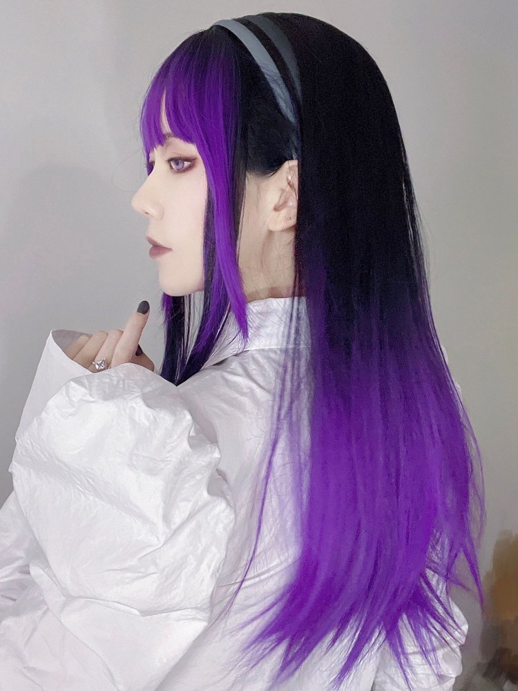 Black and Purple Ombre Hair Color Long Straight Synthetic Wig Halloween Witch Wig