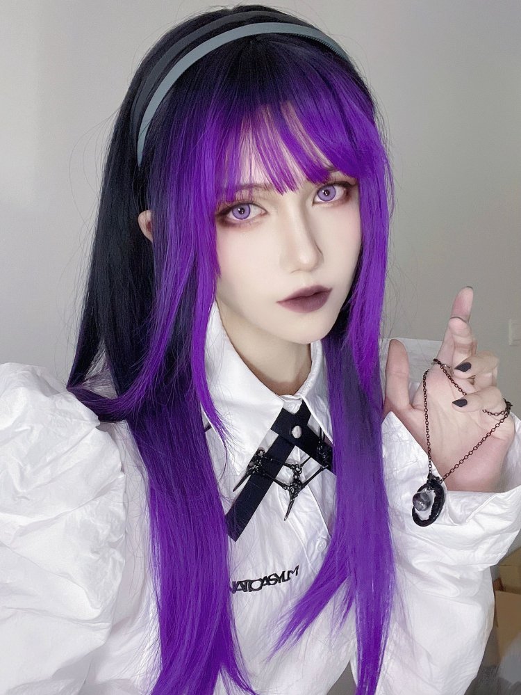 Black and Purple Ombre Hair Color Long Straight Synthetic Wig Halloween Witch Wig