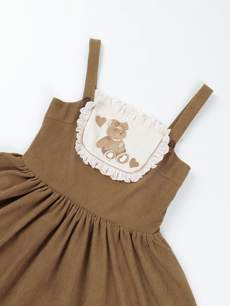 Brown Teddy Embroidery Corduroy Jumper Skirt with Big Plaid Bowknot - Sukuroi