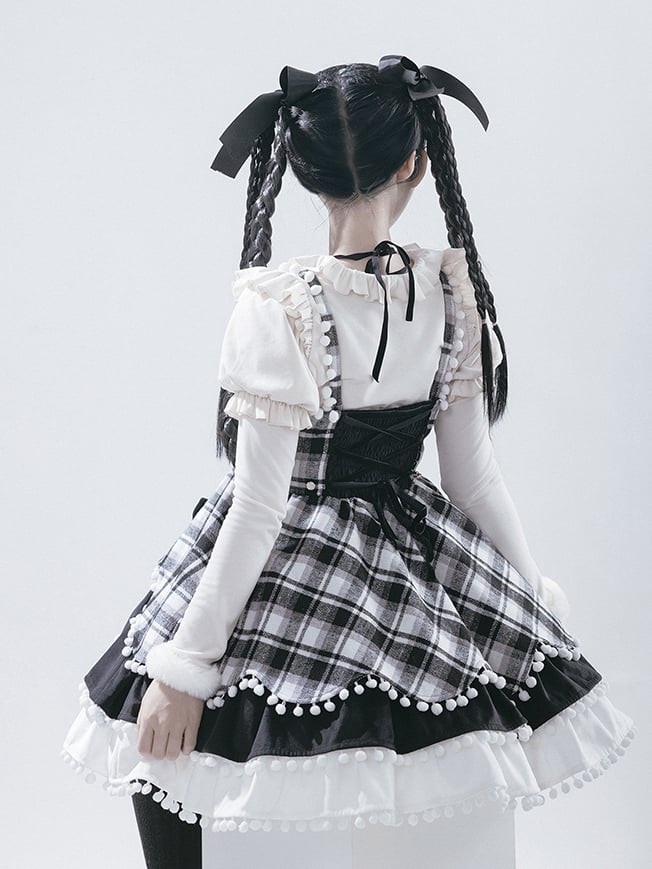 Black and White Plaid Pattern Small Pompoms Trimmed Jumper Skirt