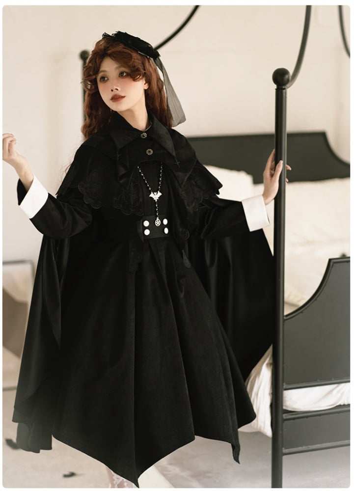 Embroidery Banded Collar Black and White Nun One Piece