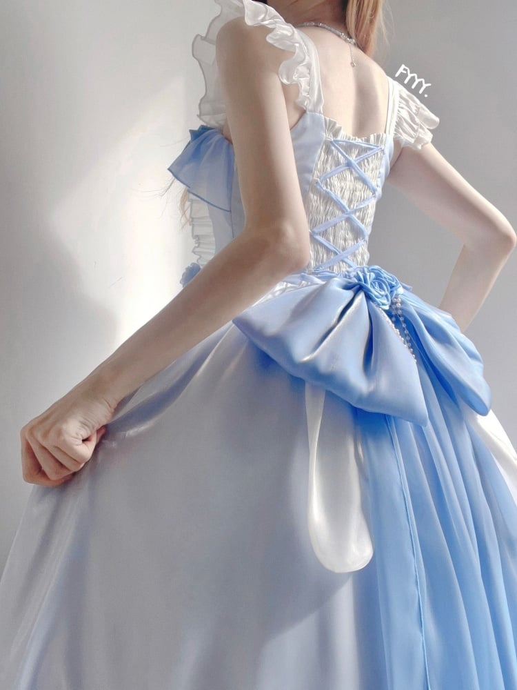 White and Blue Elegant Princess Dress Flutter Sleeves Gorgeous Jumper Skirt