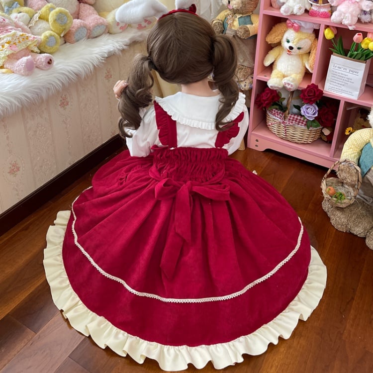 Red Christmas Bear Embroidery Bodice High Waist Jumper Skirt