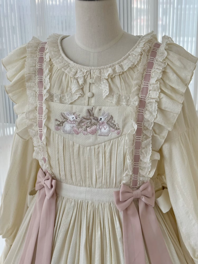 Creamy Rabbit and Strawberry Embroidery Overdress