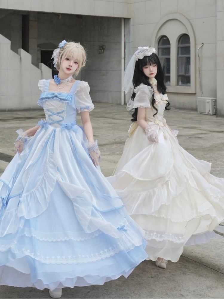 White and Blue Princess Dress Puff Sleeves Gorgeous One Piece